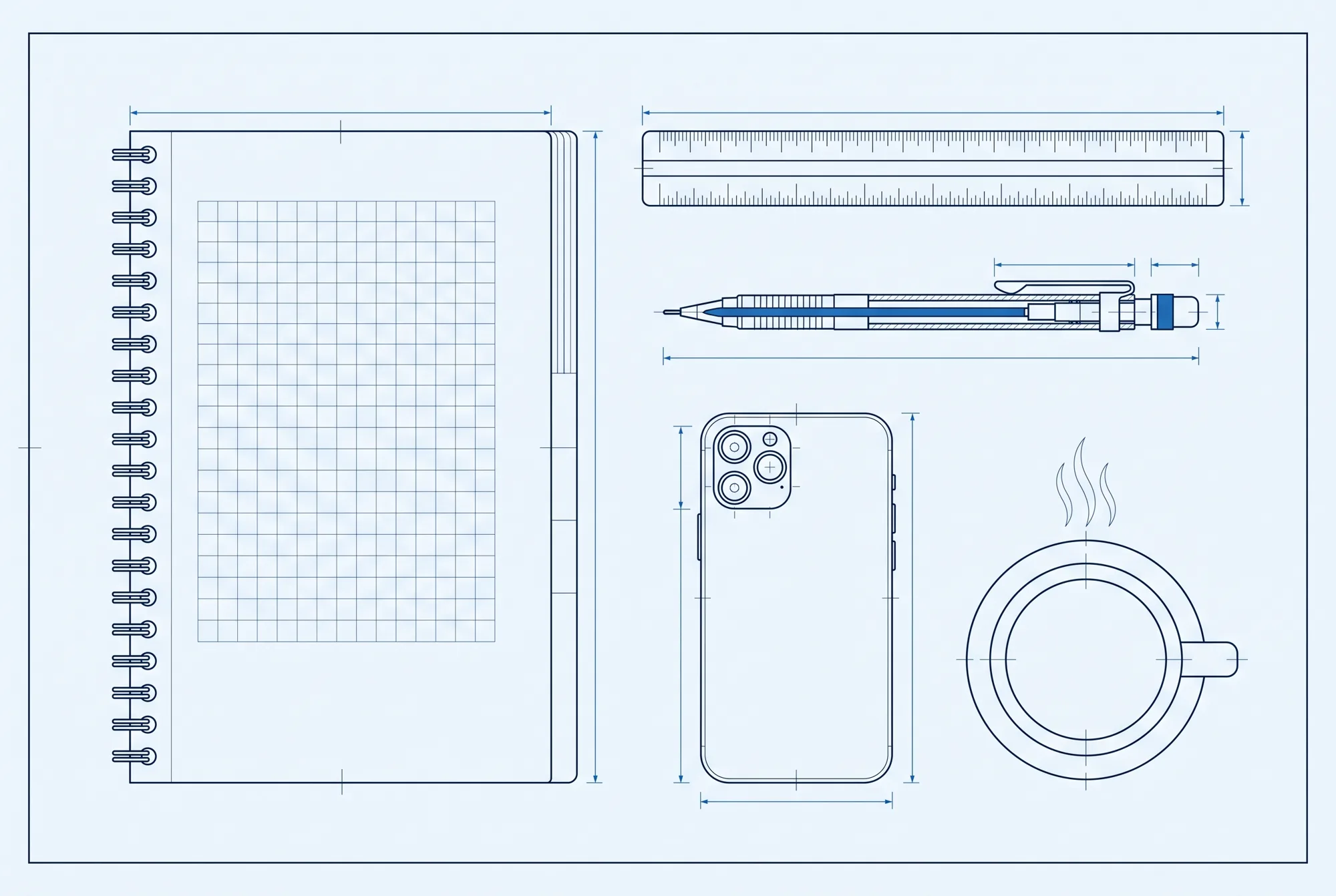 Line drawing of a notebook, a ruler, a pencil, a phone and a coffee cup