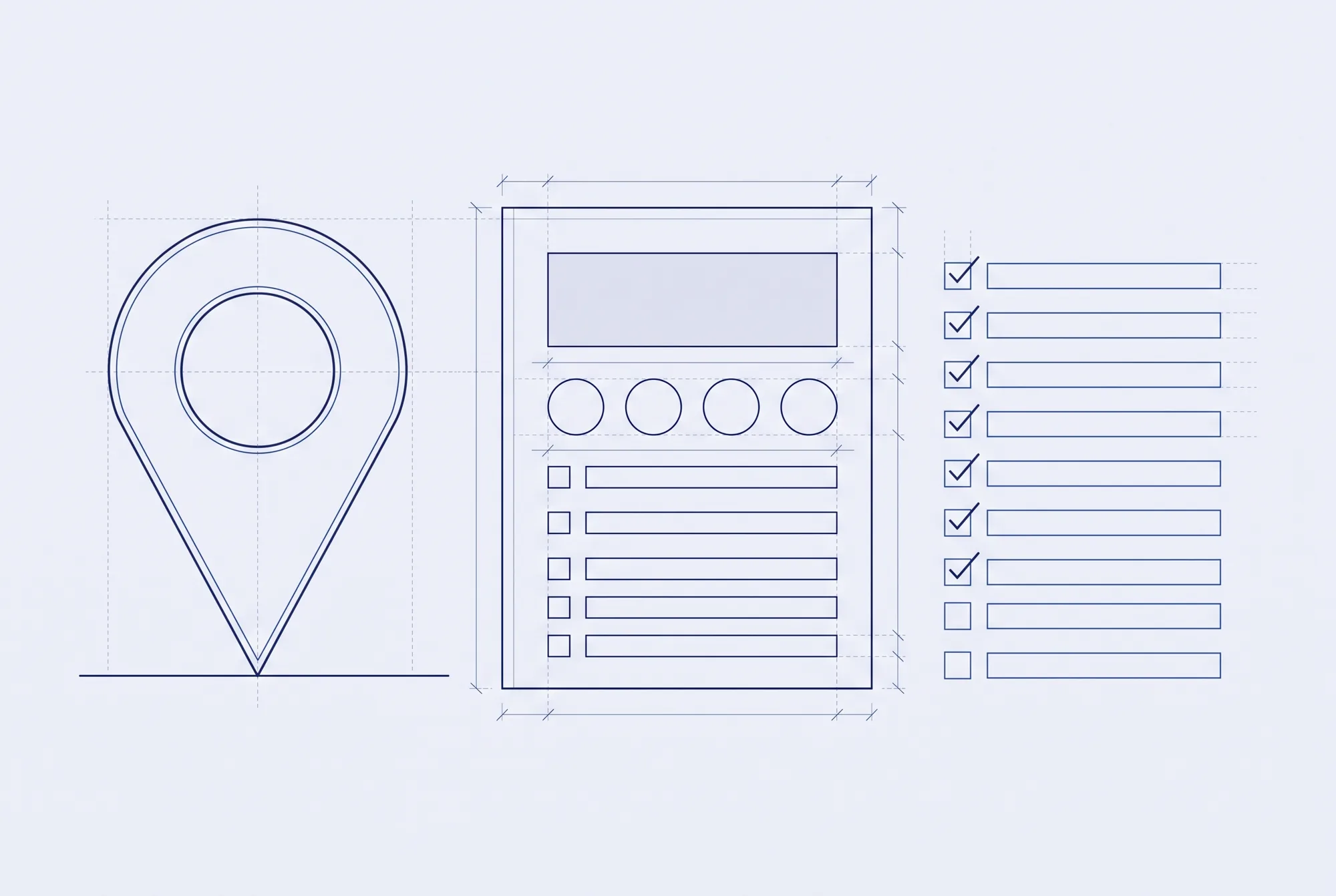 Line drawing of a map pin, a blank profile card and a ticked checklist