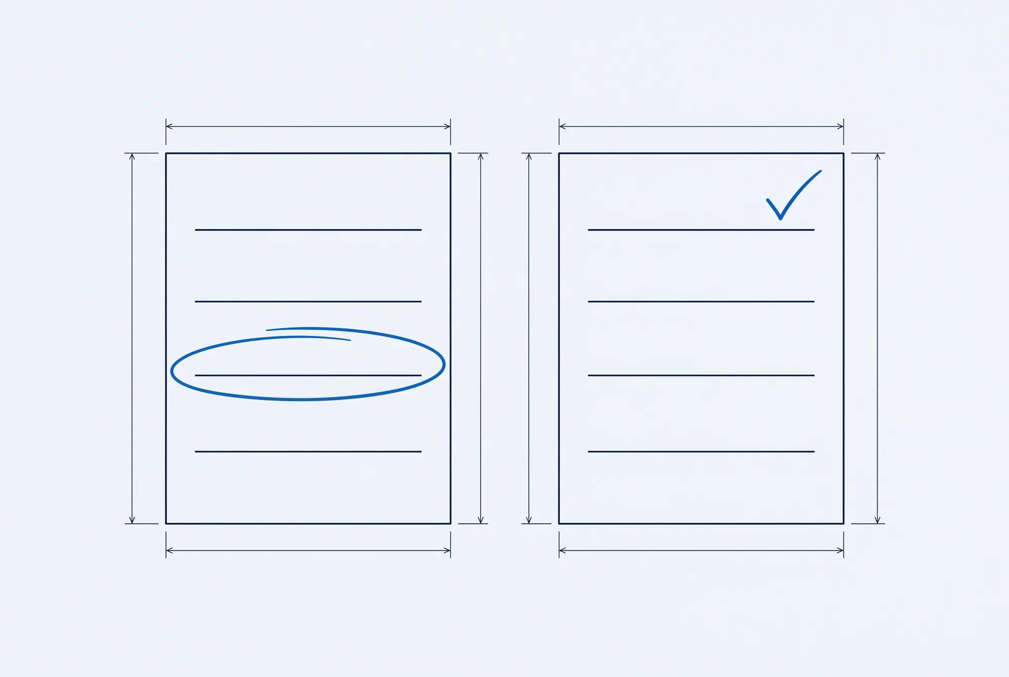 Line drawing of two listing cards, one line circled on the left, the right one ticked