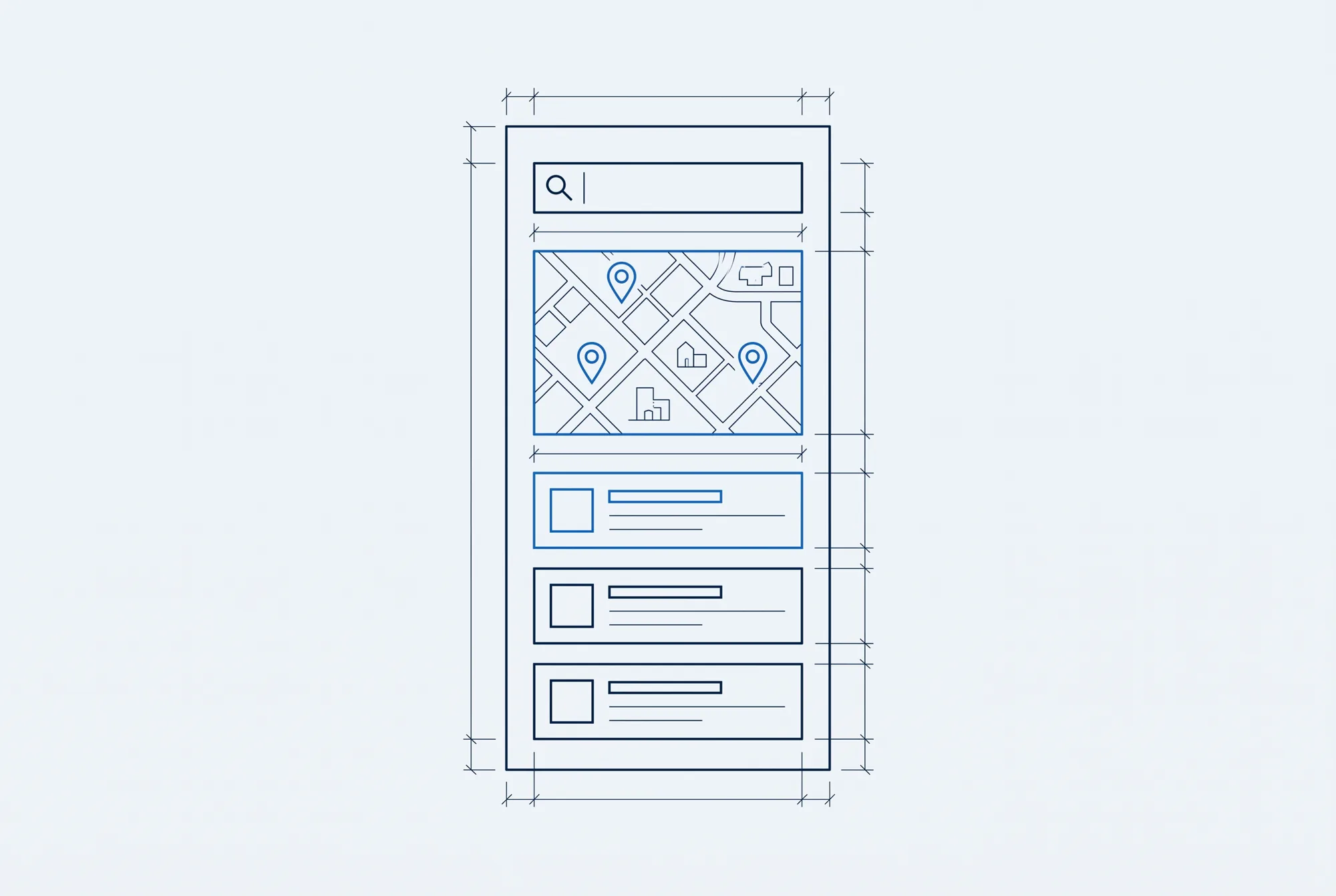 Line drawing of a phone showing a search box, a map with three pins and three results
