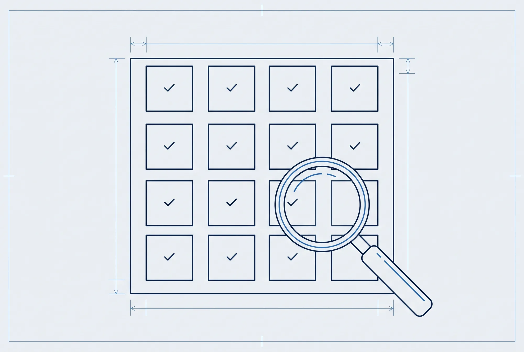 Line drawing of a grid of sixteen squares, most of them ticked, with a magnifying glass over one corner