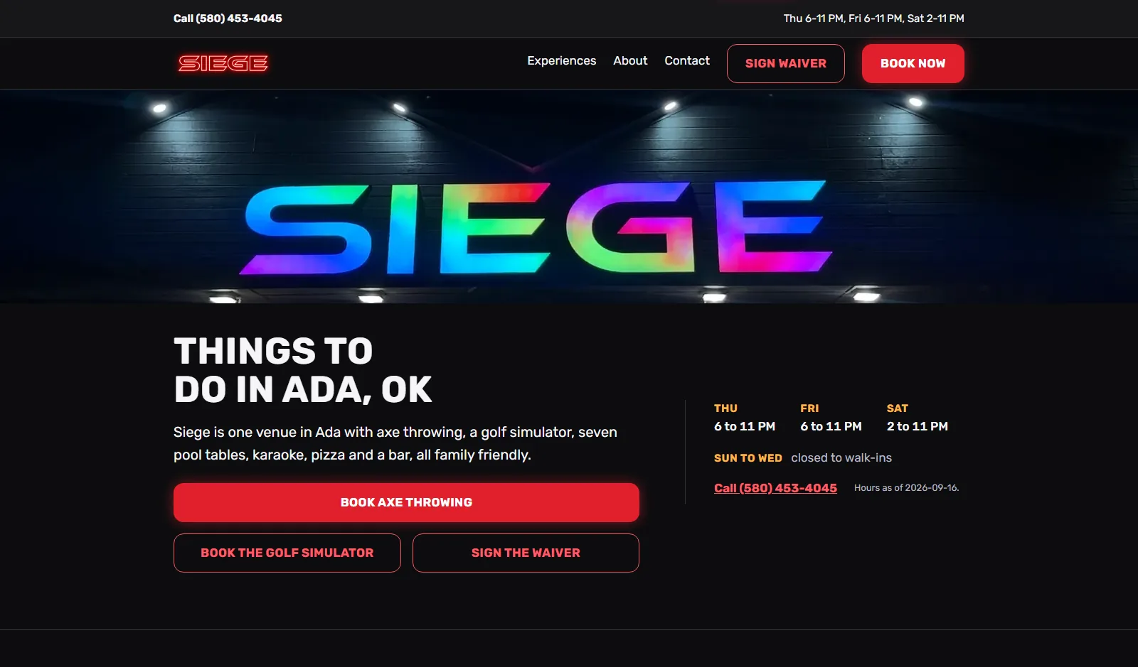 Screenshot of the Siege homepage: the lit SIEGE sign, the headline and red booking buttons