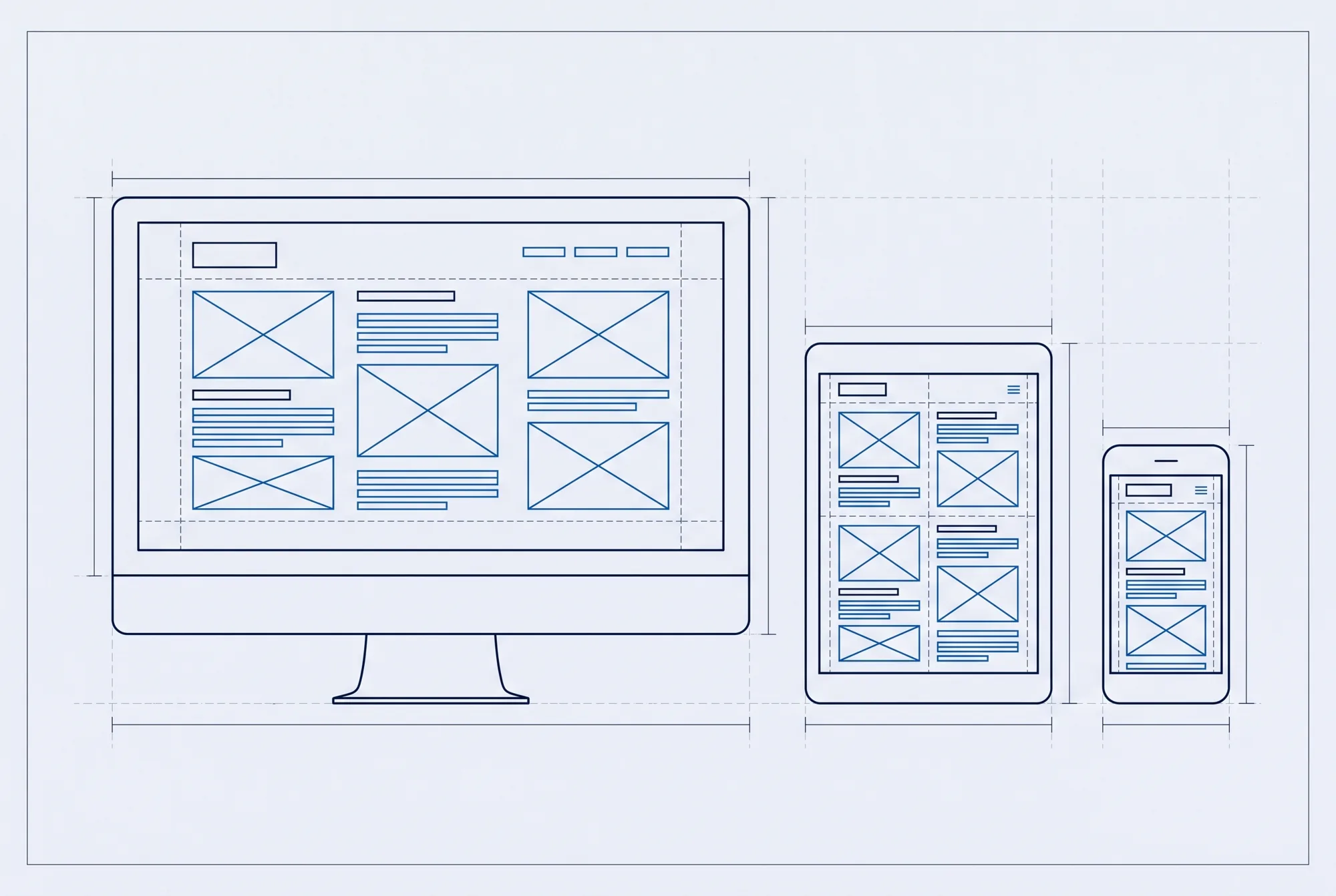 Line drawing of the same web page on a desktop, a tablet and a phone