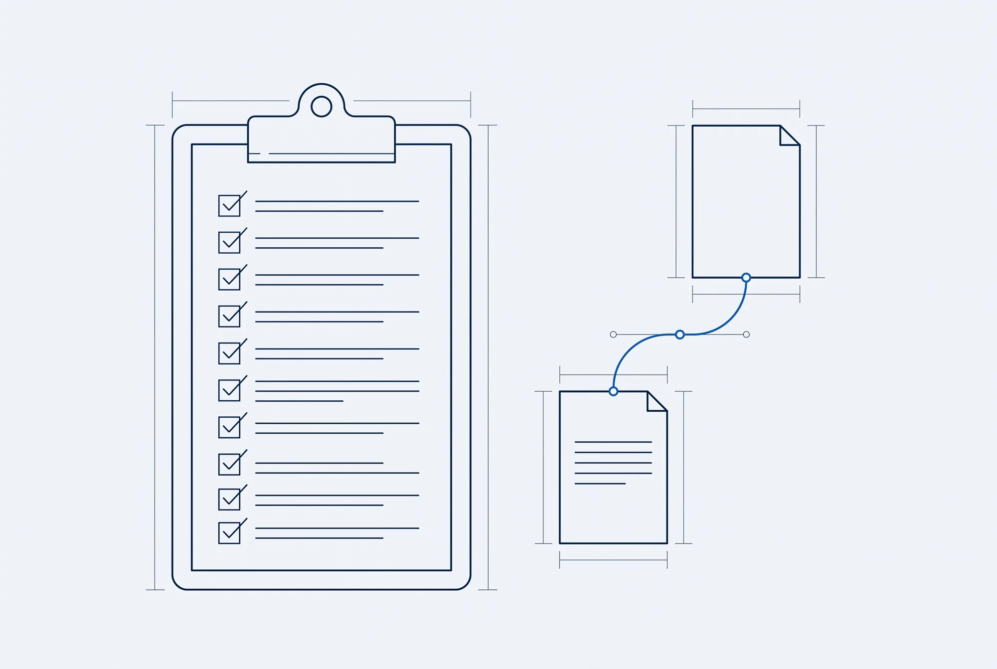 Line drawing of a ticked checklist beside two document pages joined by a line